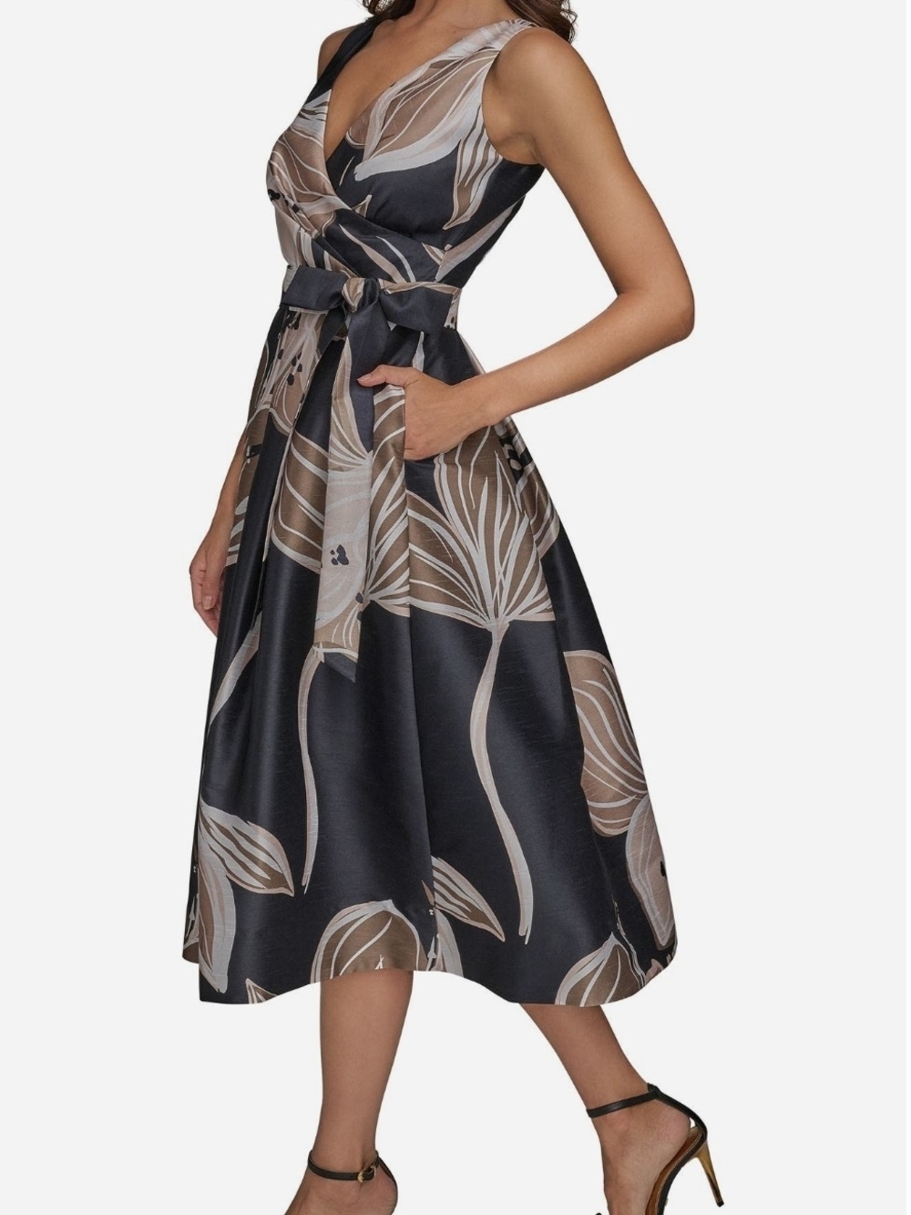 Donna Karan Black Midi Dress with Beige Floral Print